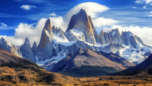 Snow-covered mountain peaks rise sharply under lenticular cloud
