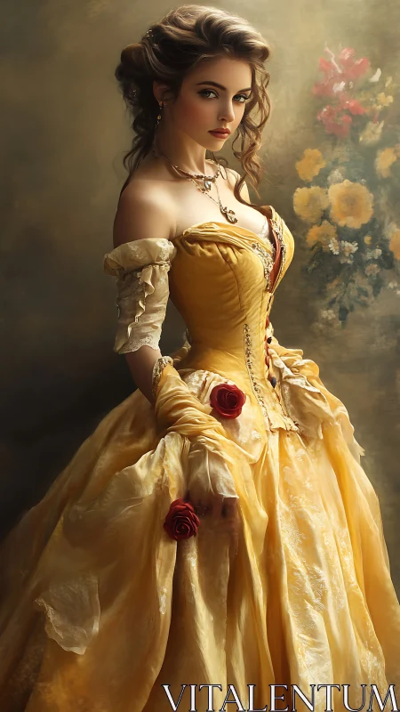 Woman in ornate yellow gown with floral background observed.