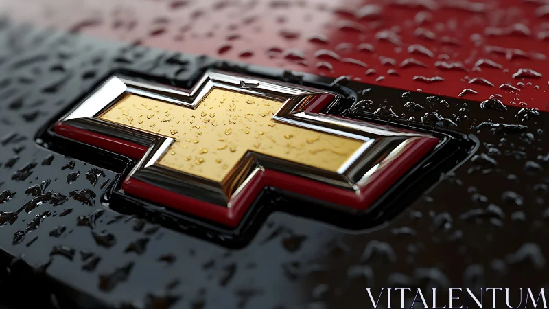 Chrome cross emblem on wet black and red vehicle surface