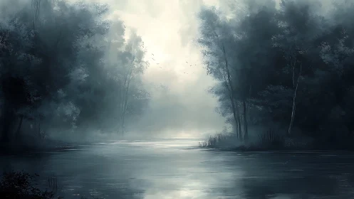 Moody mist-laden river corridor in tonal digital painting.