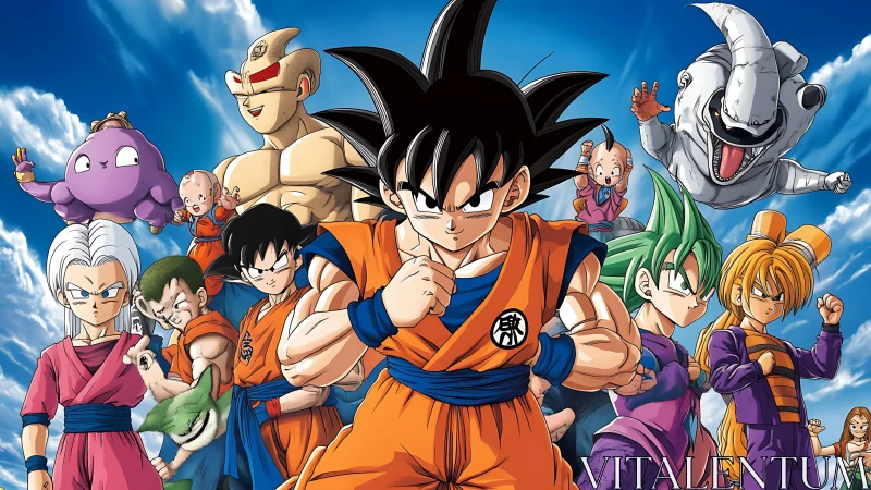 Martial heroes assemble under dynamic cel-shaded sky.