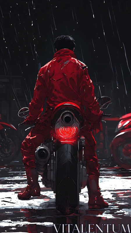 Red rider on futuristic motorcycle under heavy rain at night.