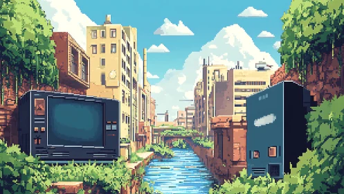 Pixel city canal with retro tech ruins under clear sky.
