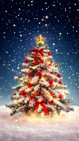 Snow covered Christmas tree with red ornaments at night.