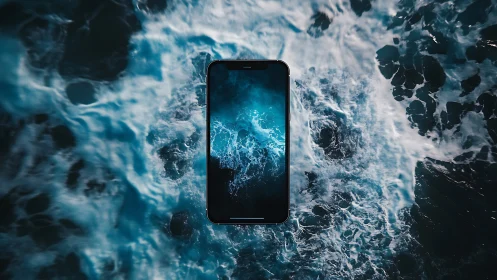 Smartphone floats over stormy teal ocean in dramatic view