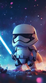 Cute space trooper hero glowing with a bright blue saber.