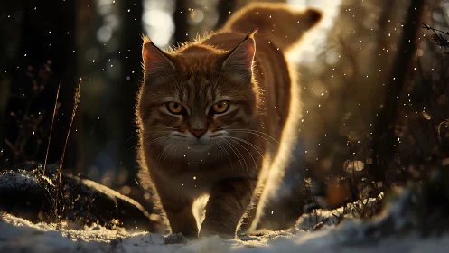Wild Cat Prowling Through Snowy Wilderness at Golden Hour.