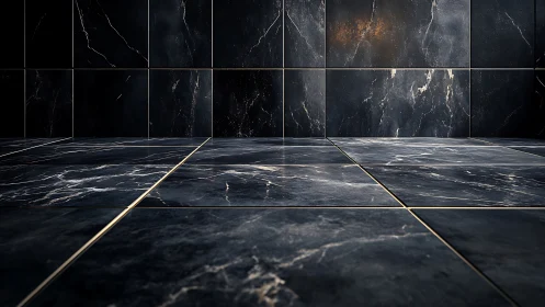 Dark marble tile interior with reflective veining and glow.