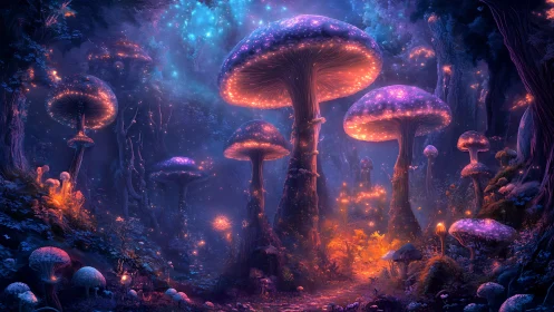 Bioluminescent fantasy forest with towering neon mushrooms at dusk