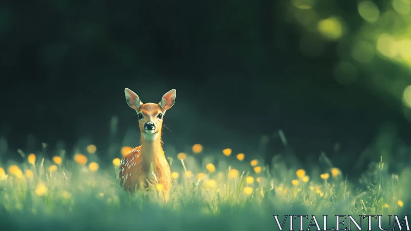 Young deer in soft-focus meadow with luminous bokeh background.