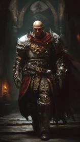 Armored warrior walking through dim gothic stone corridor.