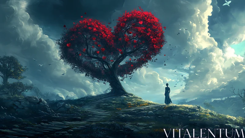 Heart-shaped tree with red foliage under clouded sky.