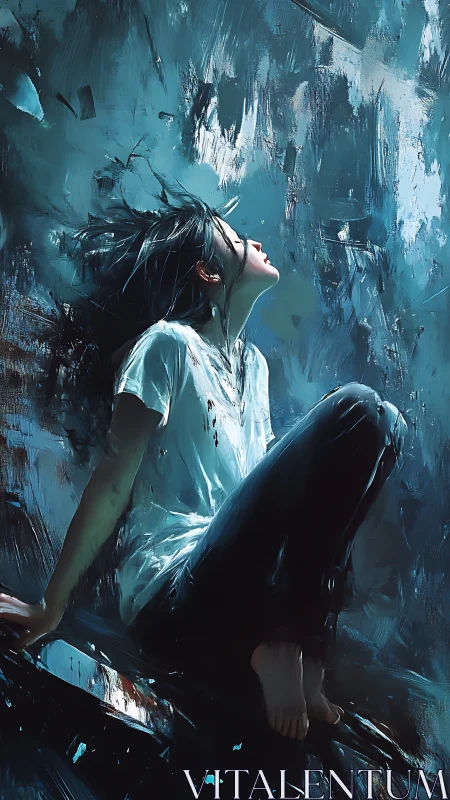 Solitary figure seated against abstract blue painted background.