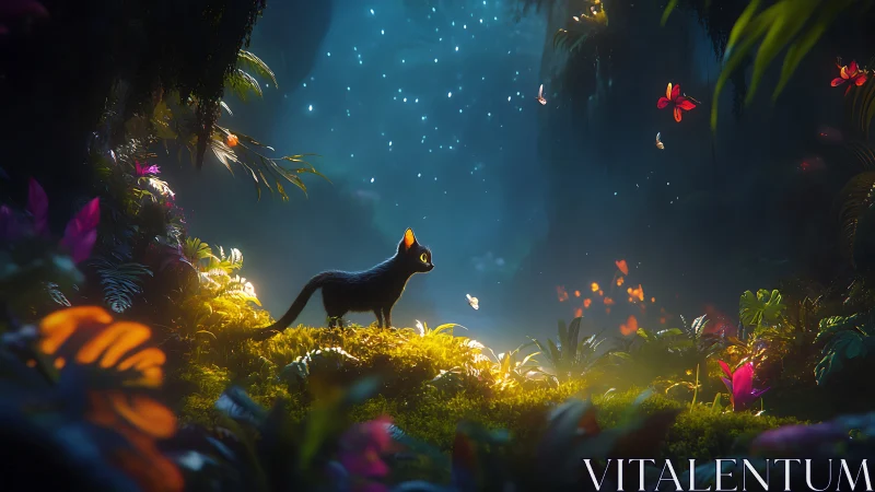 Enchanted black cat beneath glowing firefly forest sky.