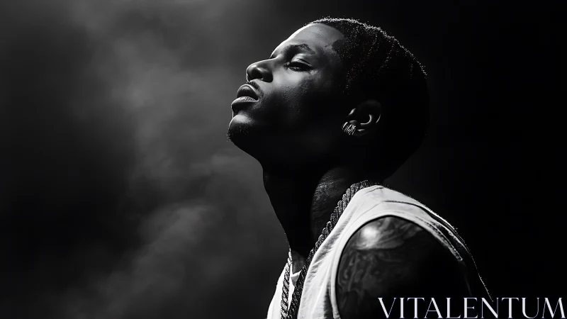 Quiet spotlight on a reflective soul in deep monochrome.