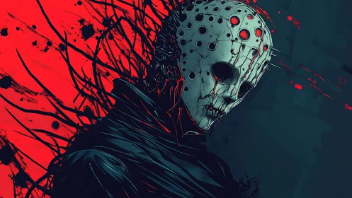 Masked skeletal figure stands in front intense red void