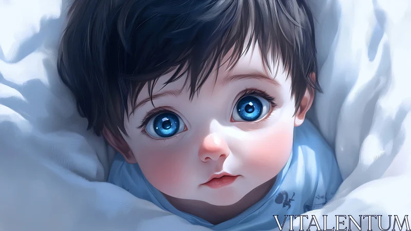 Digital 3D rendered child portrait with striking blue eyes and dark hair