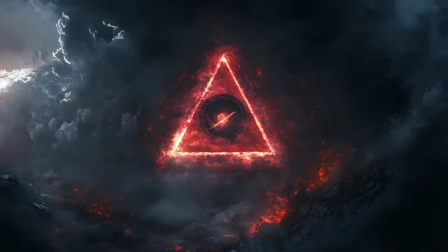 Glowing red triangle ignites stormy dark cloud vortex