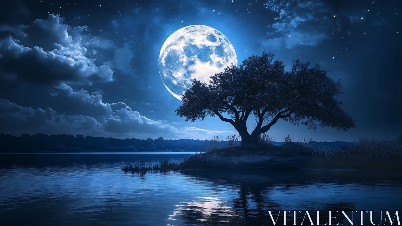 Nocturnal lakeside tree silhouetted beneath radiant full moon.