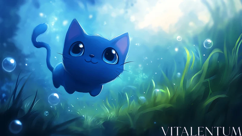 Blue feline character submerged in aquatic environment with particulate lighting effects