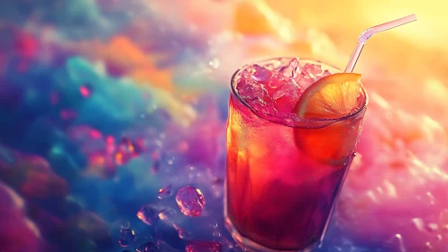 Vibrant Gradient Beverage with Ice and Citrus Slice.