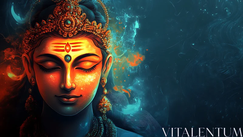 Divine goddess portrait glows against deep cosmic teal