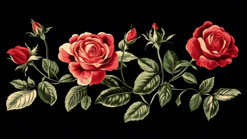 Red Roses Against Black. Classical Botanical Study.