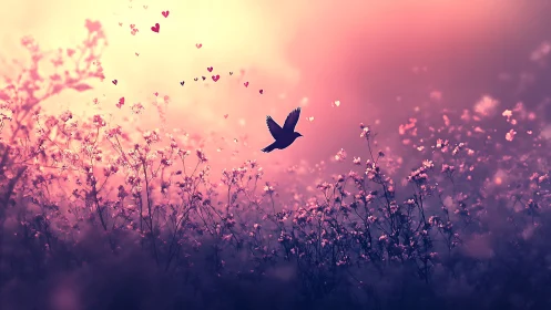 Twilight meadow lets a small bird scatter glowing heart seeds