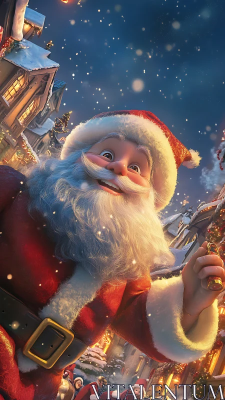 Jolly Santa smiling in a twinkling snowy village street.