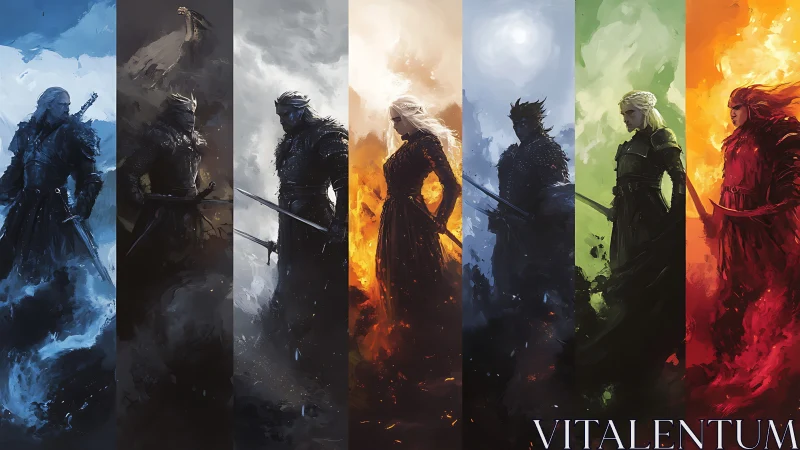 Elemental guardians lined in flame and shadowed color bands.