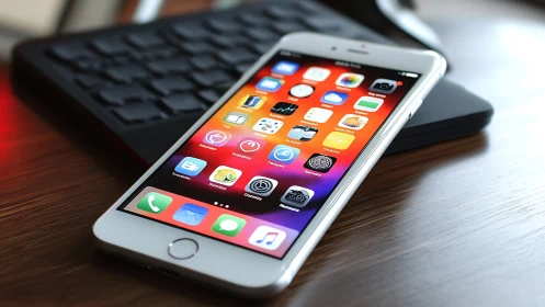 Modern iPhone displays colorful app icons and interface.