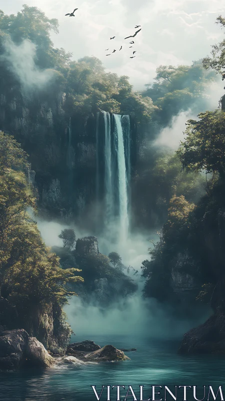 Tall waterfall drops into misty forested canyon lake
