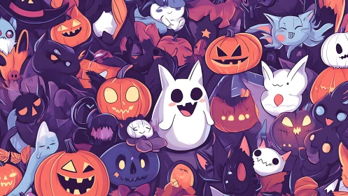 Playful ghost and pumpkins crowd in a cute Halloween scene.