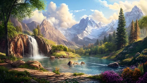 Cascade of dawn over crystal lake and snowlit peaks.