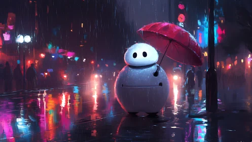 Rain-soaked robot guardian cradling a neon-pink umbrella.