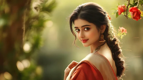 Elegant woman in traditional attire with floral background, soft light.