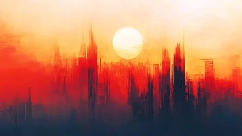 Radiant sun settles over a dreamlike crimson city skyline