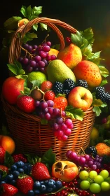 Wicker basket holds assorted ripe fruits with vivid lighting