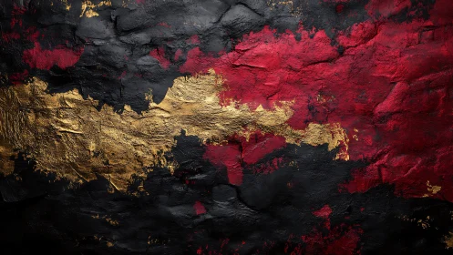 Abstract textured wall art in gold, red, and black paint strokes.