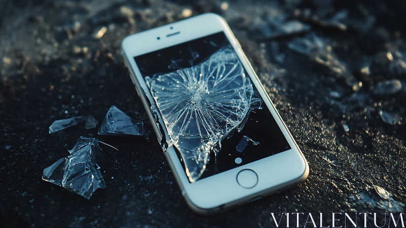 White smartphone with shattered screen on dark rough surface.