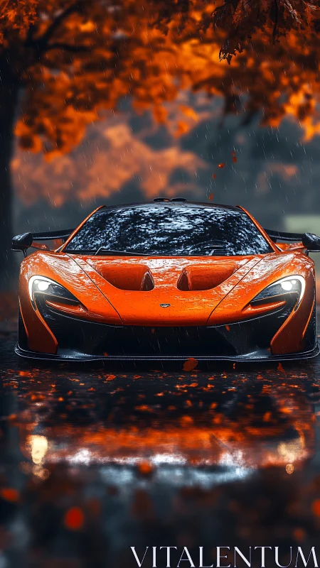 Orange sports car is parked on wet road under autumn trees