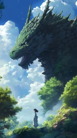 Girl beneath skyborne forest dragon, pausing between worlds.