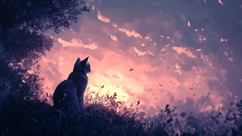 Solitary cat observes a luminous dusk sky in painterly silhouette