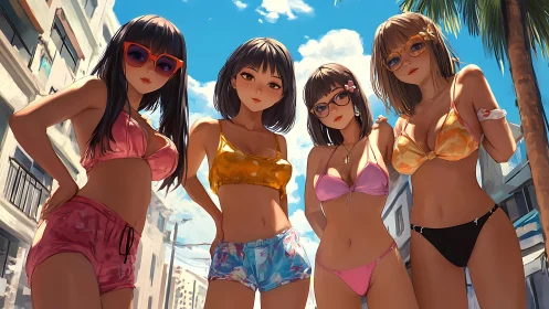 Anime beach friends in vibrant summer street scene.