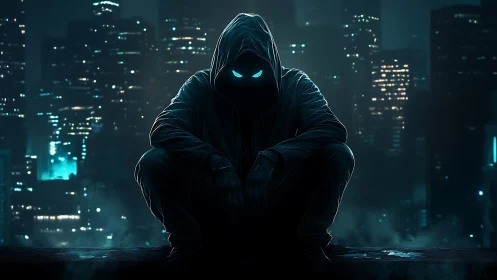 Hooded urban sentinel with luminescent eyes in nocturnal skyline.
