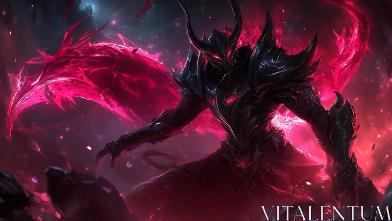 Dark armored demon rises in a storm of burning crimson energy