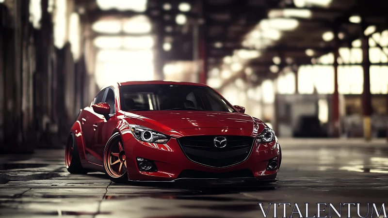 Lowered red Mazda gleams under moody warehouse lighting