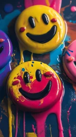 Dripping smiley face paint blobs in vivid layered colors.