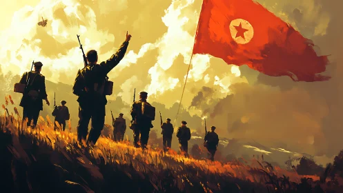 Soldiers on hillside march under large red star flag.