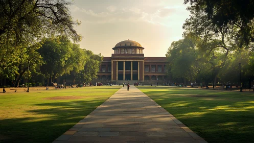 Symmetrical campus lawn converges on domed neoclassical library façade
